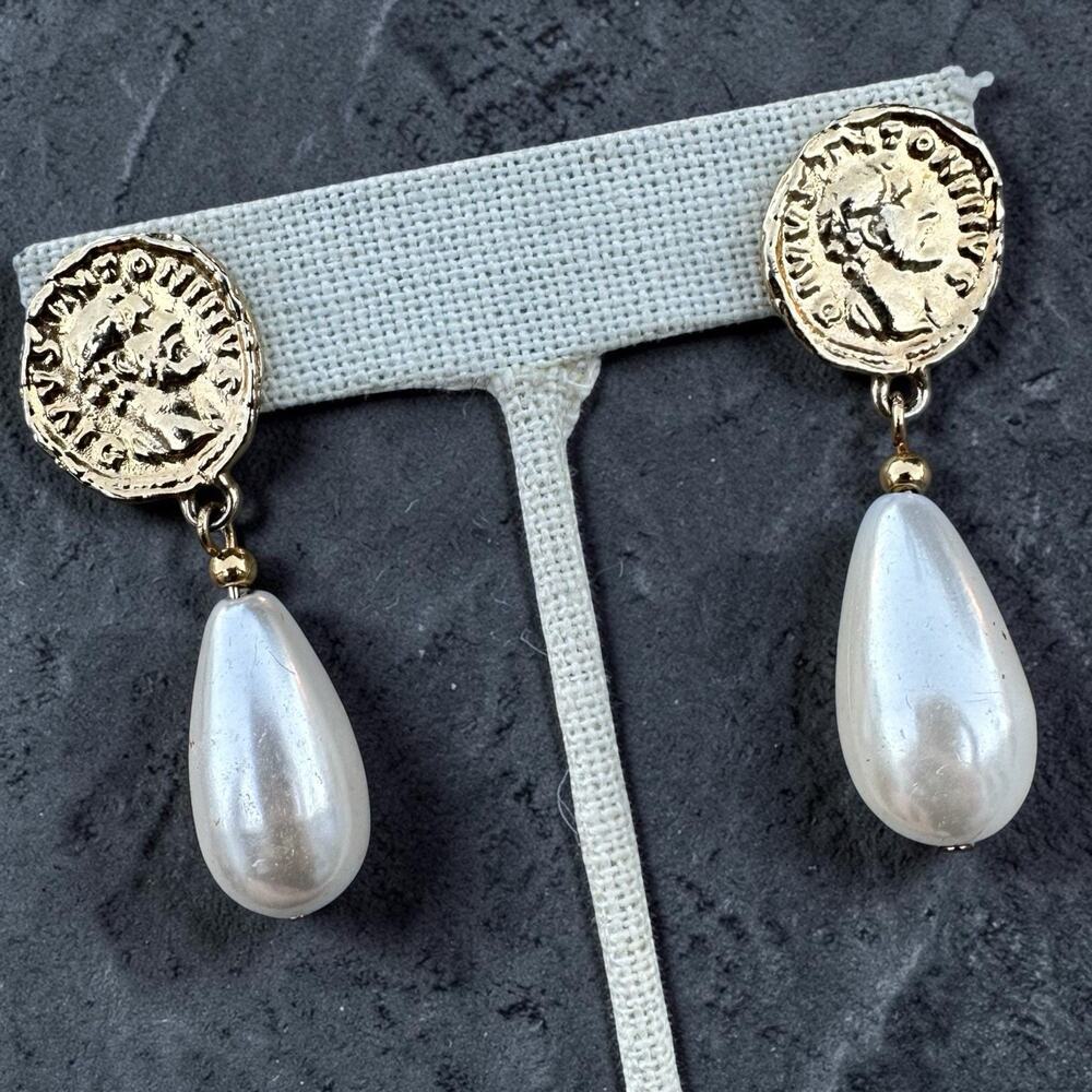 Vintage Greek Roman Coin Earrings Faux Pearl Gold Tone Post Carolee Style Dangle